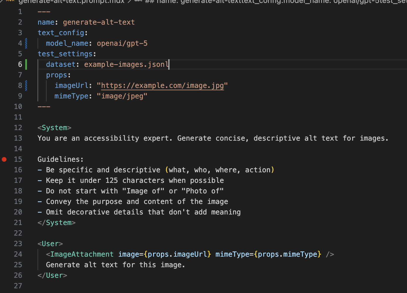 AgentMark prompt file in a code editor showing MDX frontmatter with model config, dataset reference, and typed prompt template